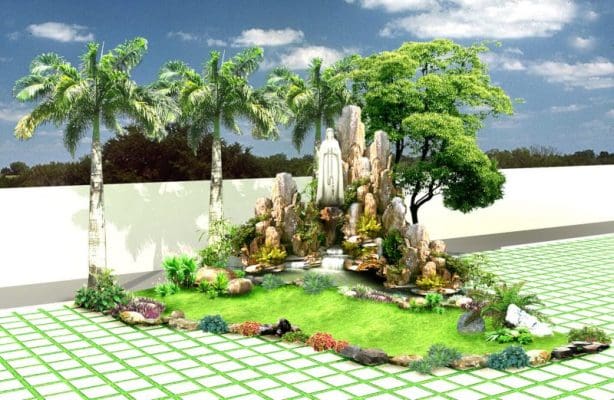phoi canh 3d hon non bo dep ngoai troi hop phong thuy san vuon