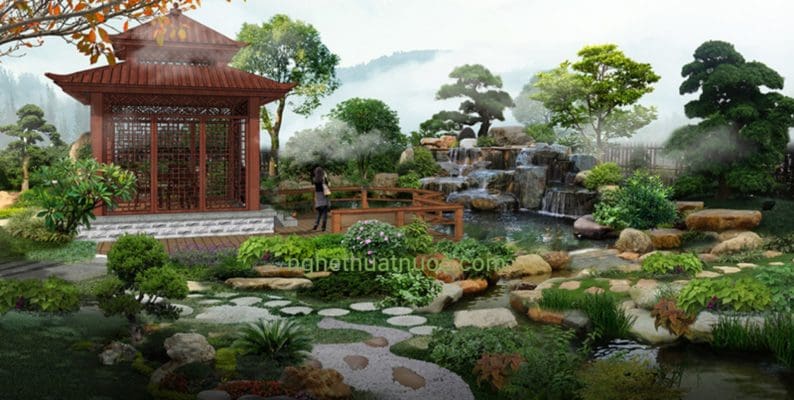 Hòn Non Bộ Kết Hợp Hồ Cá Koi: Tuyệt Tác Cảnh Quan phoi canh dai canh hon non bo nuoi ca koi biet thu