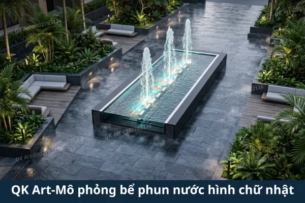 Mẫu đài phun nước bể chữ nhật hiện đại trong sân vườn biệt thự
