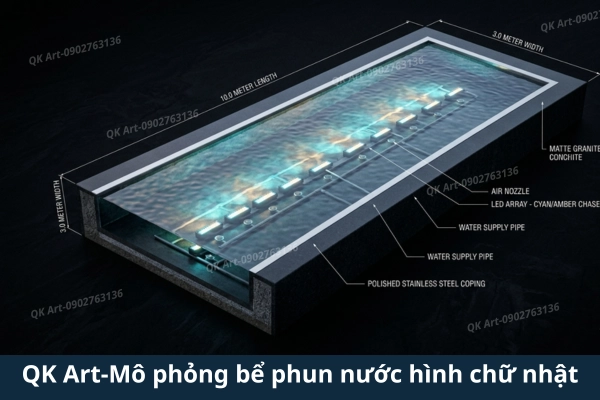 Sơ đồ kỹ thuật cấu tạo đài phun nước hình chữ nhật QK Art