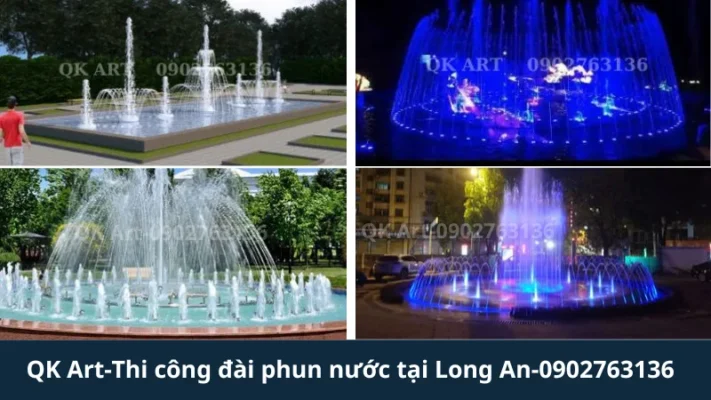 Thi Công Đài Phun Nước Tại Long An: Giải Pháp Kỹ Thuật Cho Vùng Đất Phèn Đài phun nước dạng tròn và chữ nhật tích hợp đèn LED đổi màu tại Long An.