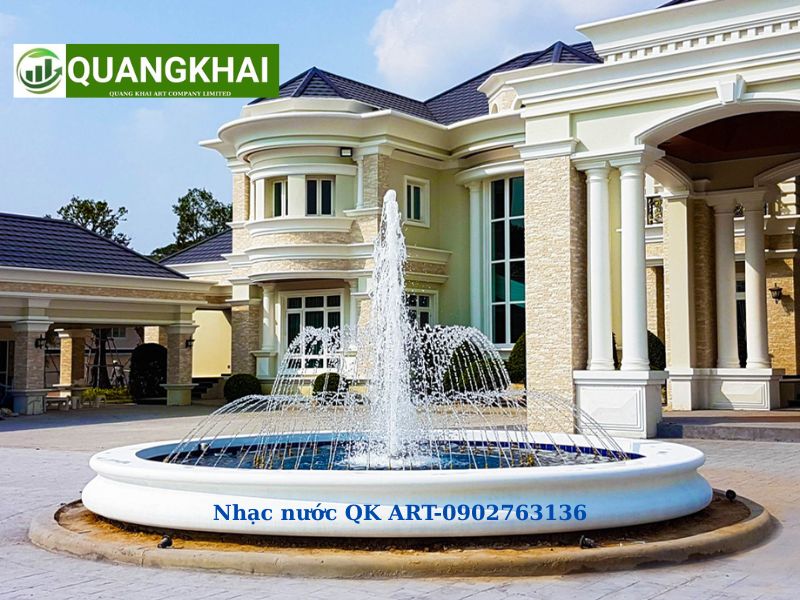 Mẫu Đài Phun Nước Hình Tròn: Ý nghĩa phong thủy & Tư vấn thiết kế Đài phun nước bể tròn đặt trước sảnh biệt thự kiến trúc châu Âu.
