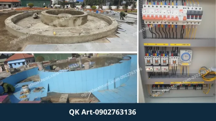 Tủ điện điều khiển đài phun nước được kỹ thuật viên QK Art đấu nối chuyên nghiệp, đảm bảo an toàn điện tại công trình Đơn Dương.