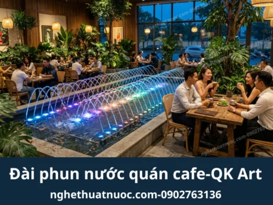 Mẫu thiết kế nhạc nước cho quán cafe với hai hàng vòi tại thành hồ phun vào trong