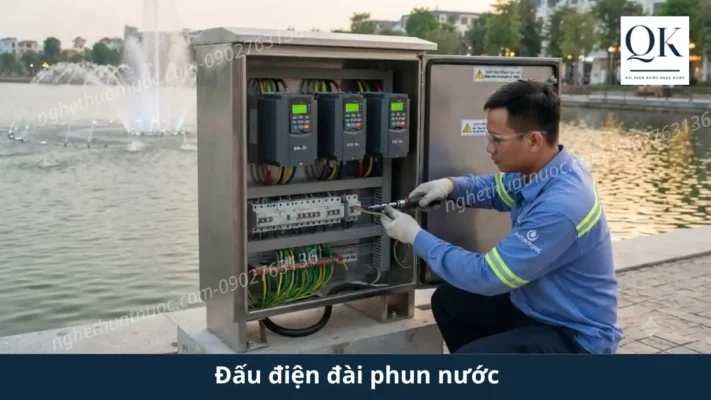 Chống rò điện cho đài phun nước và nhạc nước: Tiêu chuẩn vàng đảm bảo an toàn tuyệt đối Kỹ thuật viên đang đấu điện và lắp đặt tủ điện điều khiển cho đài phun nước